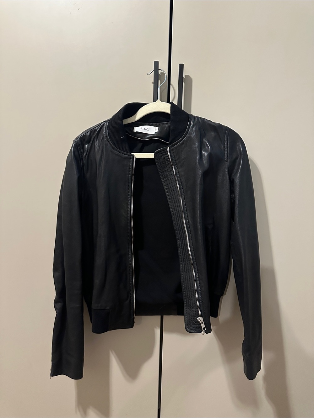 A.L.C. Black Lamb Leather Bomber with Ribbed Collar Size 4